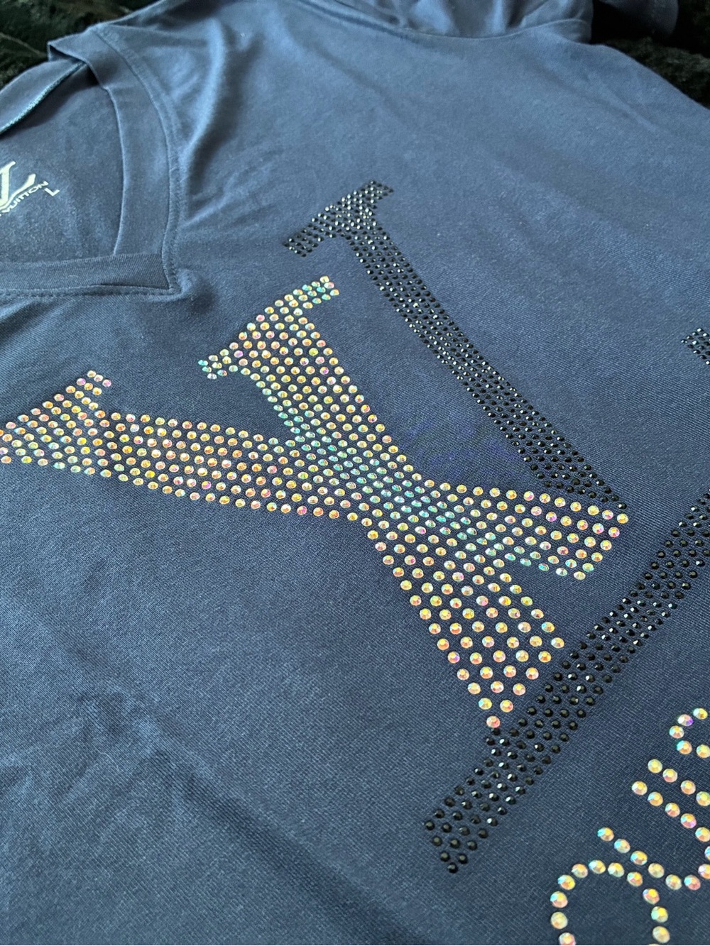 New Womens Luxury Blue Embellished T-shirt Size L - Picture 2 of 5